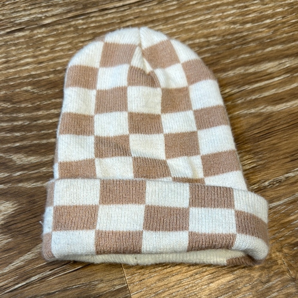 Cream and Brown Checkered Knit Hat